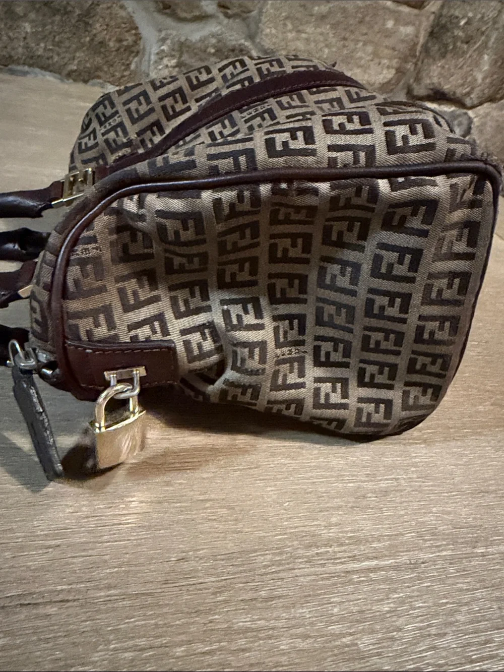 Fendi Brown Zucca Logo Canvas Satchel with Dark Brown Leather Trim